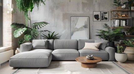 Fototapeta premium Cozy living room with grey sofa and plants