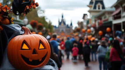 Halloween at Disneyland: Jack-o'-lantern Smiles Amidst Festive Crowds