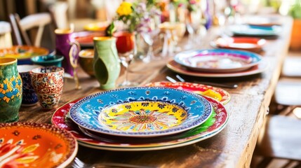 Vibrant Hand Painted Pottery Decorates Rustic Table Setting