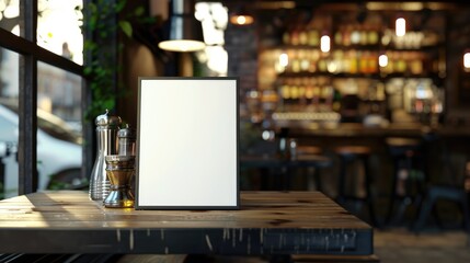 Design Menu Frame in Cafe or Bar for Booklets with Blank Sheets on Table with Space for Text