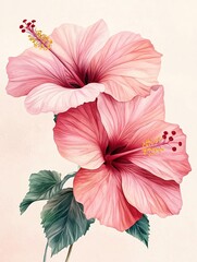 Two pink hibiscus flowers with green leaves on a light background in a painted style