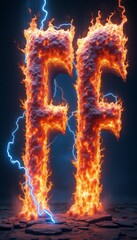 The striking image features the letters FF dramatically engulfed in vibrant flames, radiating energy and intensity. Surrounded by electric blue sparks, this captivating visual symbolizes power and