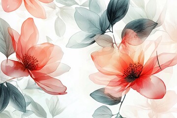 Soft and delicate floral pattern featuring red and blue flowers with translucent leaves on a light background