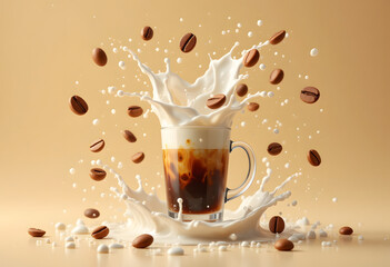 Glass cup of coffee with milk surrounded by flying coffee beans and splashes of milk. Dynamic advertising photo