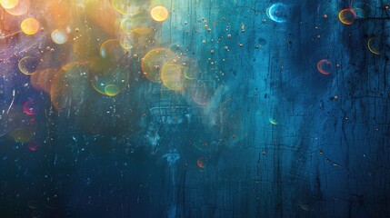 Distressed blue glass with rainbow lens flare effect from old film scratches.