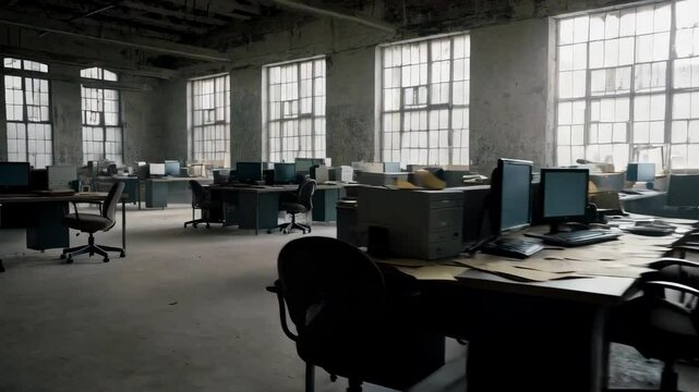 The office room atmosphere is abandoned, dirty and dusty
