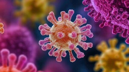 Fototapeta premium Microscopic view of a virus cell surrounded by antibodies, vibrant colors, high detail 