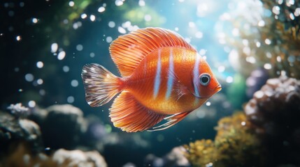 Orange Discus Fish Swimming in Aquarium Tank