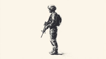 Obraz premium Soldier standing guard, sketched in grayscale.