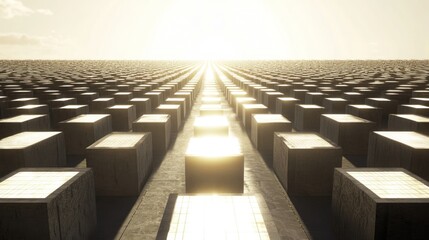 Golden Light Illuminates a Vast Array of Concrete Cubes