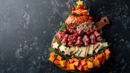 Festive charcuterie and cheese board in the shape of a Christmas tree on a wooden base. Overhead view with space for text.
