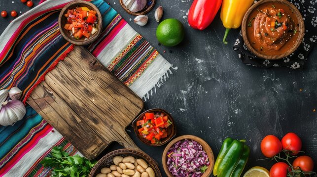 Flat lay image of wooden cutting board, Mexican fabric, molcajetes on black board, with copy space.
