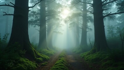 Obraz premium Scenic view of trees in forest during foggy weather, Nature background, Travel background