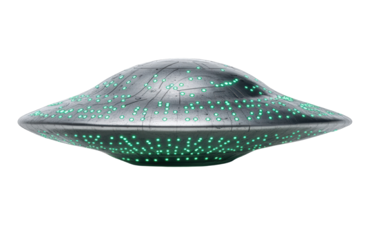 Isolated Silver Futuristic Flying Saucer with Green Circuit Pattern - Powered by Adobe