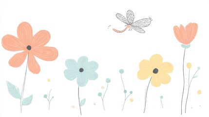 Cute, simple doodle featuring three flowers and one dragonfly flying in the sky. Simple line art with pastel colors on a white background, in a clipart style.
