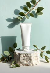 White cosmetic tube, minimalist product display, marble pedestal, eucalyptus leaves, soft teal background, shadow of leaves, clean aesthetic
