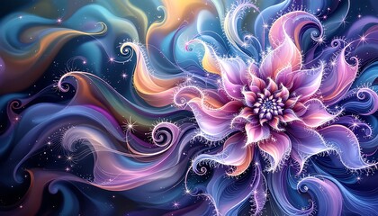 A mesmerizing abstract background featuring an intricate fractal flower design element, perfect for enhancing brochure advertisements, presentations, web designs