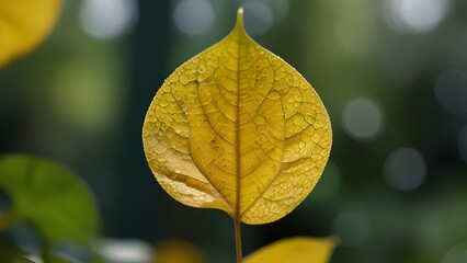 Obraz premium Yellow leaf against the backdrop of blurred green house, macro closeup, natural background. Generative AI 