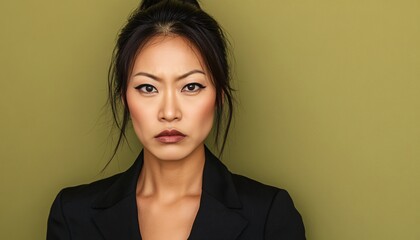 Obraz premium Empowered Asian female model exudes confidence as an Italian mafia boss, embodying strength and leadership in celebration of Woman Day.