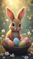 A delightful, animated bunny sits in a woven basket filled with vibrant Easter eggs, surrounded by blooming flowers. This enchanting scene radiates joy and the spirit of spring, inviting viewers to