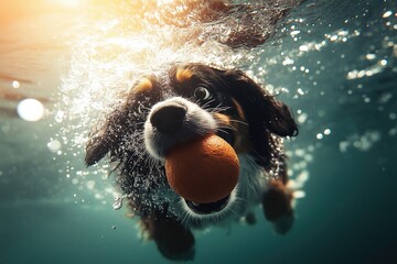 Dog Swimming Underwater with Ball