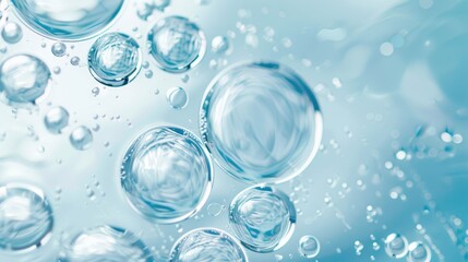 Light blue abstract background with oil circles and water bubbles macro view.