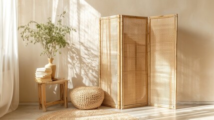 Living room interior design with copy space, partition wall, plant in basket, braided stool, books, beige wall, wooden floor, and personal accessories for home decoration.