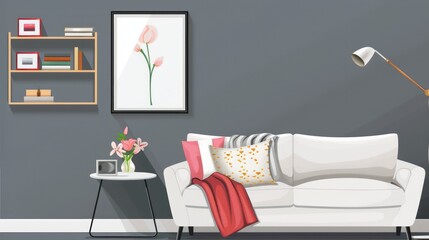 Living room interior with sofa, shelves, table with flowers, and picture on grey wall