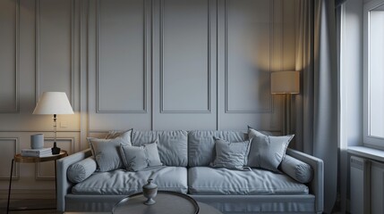Living room with grey sofa, table, and lamp