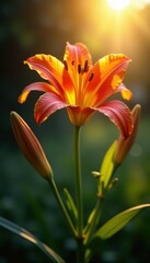 Fototapeta premium Warm sunbeam illuminates a lily in full bloom, lilies, floral spotlight