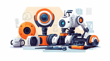 Robots under repair, tech workshop, innovation