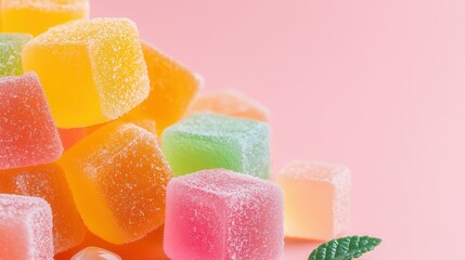 Colorful assorted sugar coated jelly candy cubes on pink background.
