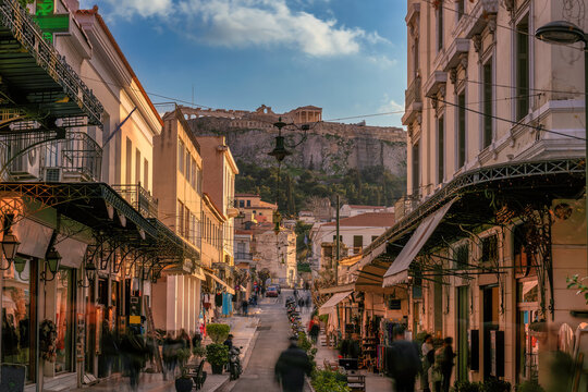 Fototapeta Old Greek street at sunset in Plaka district, Athens, Greece