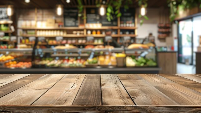 Menu displayed on wooden table in front of supermarket view