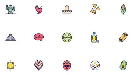 Set of vector icons of the country of Mexico with white background