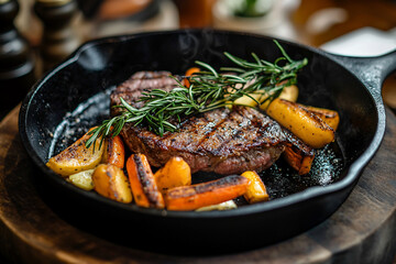 Sizzling steak served in a cast iron skillet with colorful roasted vegetables and herbs on a wooden table