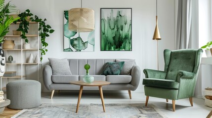 Modern Home Decor Template Featuring Grey Sofa, Green Armchair, and Design Accents