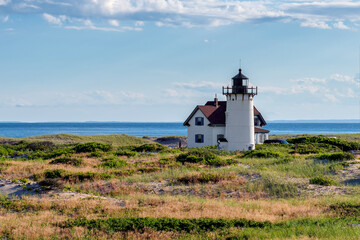 Race Point Light Lighthouse in beach dunes on the beach at Cape Cod, New England, Massachusetts, USA	