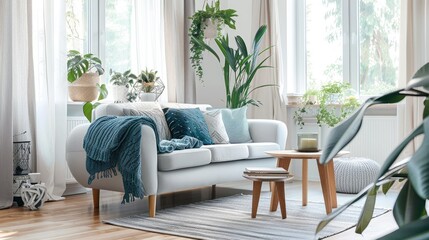 Modern living room with plants, sofa, and coffee table