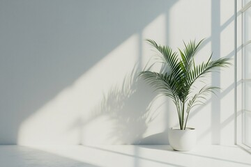 Bright indoor space featuring a potted palm plant casting shadows on a white wall with sunlight