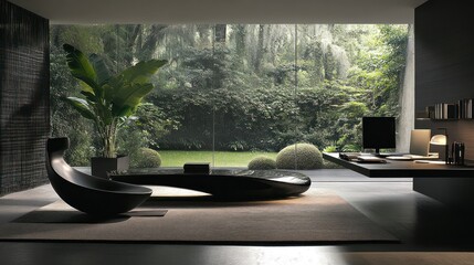 Fototapeta premium Modern minimalist home office design with lush garden view