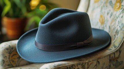 Classic Blue Fedora Hat on Vintage Chair