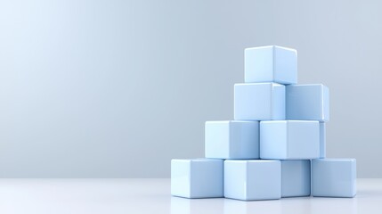 Stacked light blue cubes on white surface, minimalist design, studio background, for website banners
