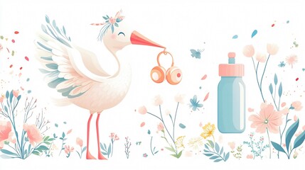 Naklejka premium Adorable Baby Shower Stork with Girl, Milk Bottle, Rattle & Pacifier for Nursery Decor