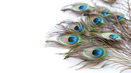 Obraz premium Peacock feathers with blurred effect on white backdrop