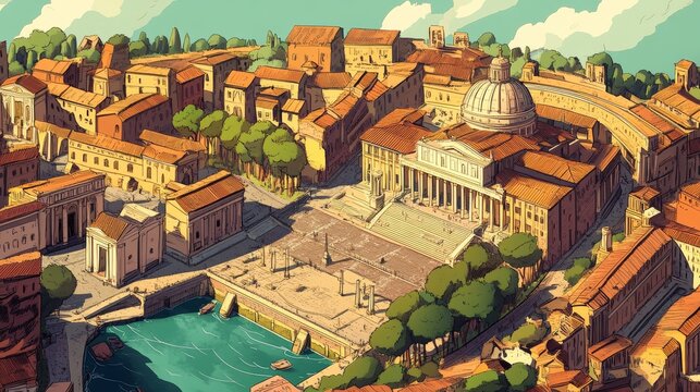 Ancient Rome city, isometric cartoon seasons cityscape Capitol, basilica with square, Castrum, Medicorum, Harbor, Roman Amphitheater, forum, taberna and insula buildings, Vector architecture