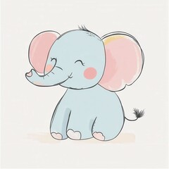Fototapeta premium Cute cartoon elephant with pink cheeks and big ears on light background.