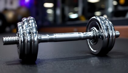 Fototapeta premium A metal weight with a handle on each end, commonly used in strength training exercises, resting on the ground with its chrome finish glinting under the gym lights.