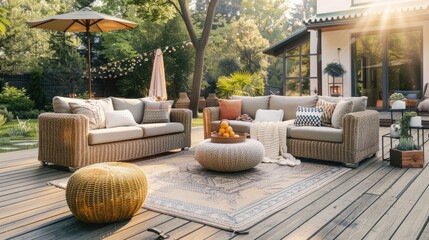 Rattan outdoor furniture set on wooden deck in sunny garden.