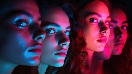 Obraz premium Blue team of cyber security professionals standing together in dark room lit by blue pink neon lights 